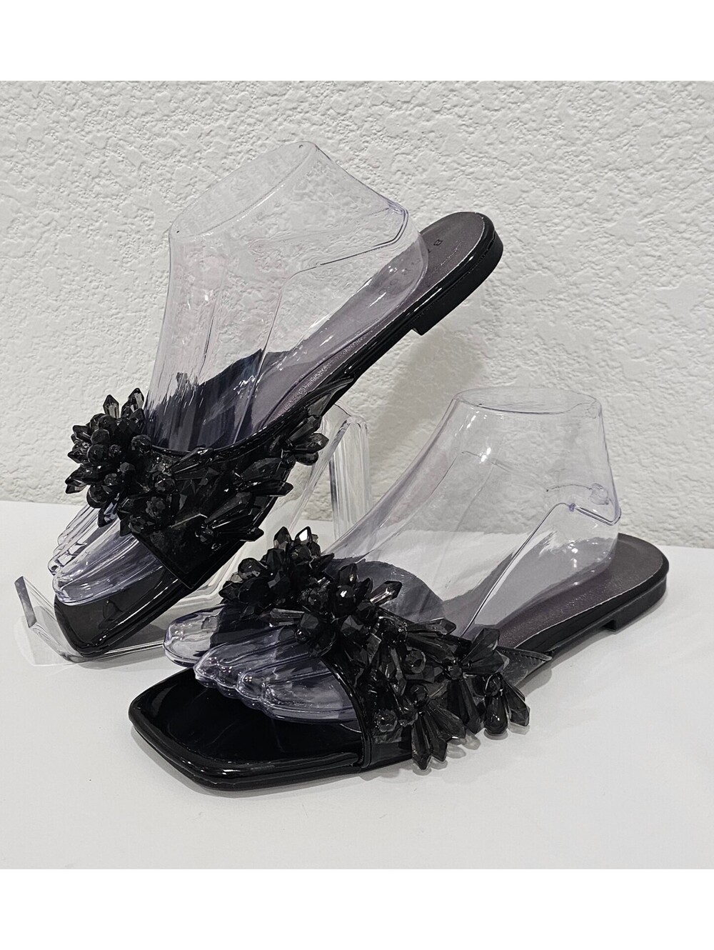Bamboo Women’s Size 9 Black Floral Embellished Square Toe Slide Sandals